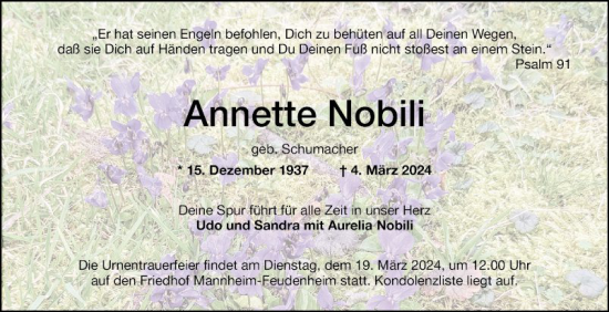 Traueranzeige von Annette Nobili von Mannheimer Morgen