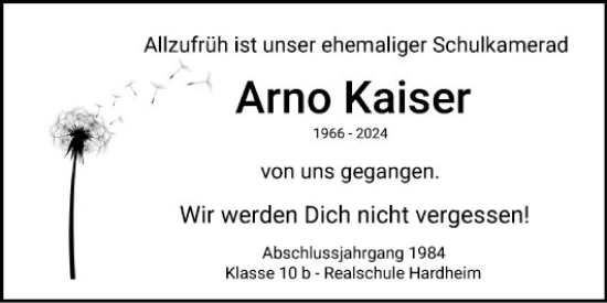 Traueranzeige von Arno Kaiser von Fränkische Nachrichten