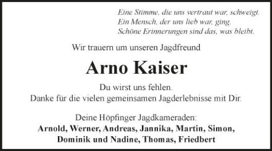 Traueranzeige von Arno Kaiser von Fränkische Nachrichten