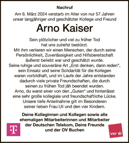 Traueranzeige von Arno Kaiser von Fränkische Nachrichten