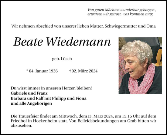 Traueranzeige von Beate Wiedemann von Schwetzinger Zeitung