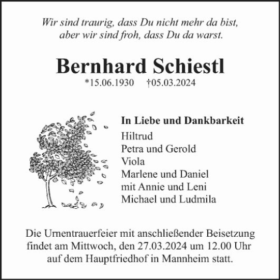 Traueranzeige von Bernhard Schiestl von Mannheimer Morgen