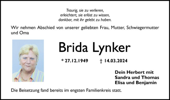 Traueranzeige von Brida Lynker von Mannheimer Morgen