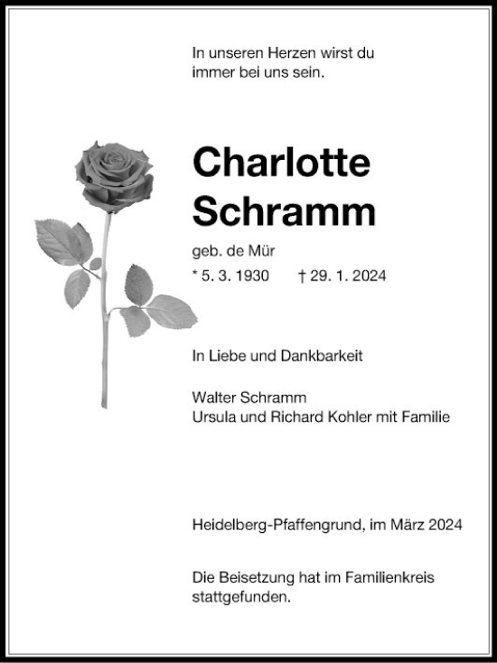 Traueranzeige von Charlotte Schramm von Schwetzinger Zeitung