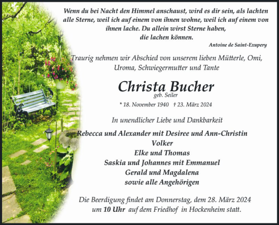 Traueranzeige von Christa Bucher von Schwetzinger Zeitung