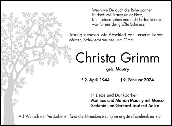 Traueranzeige von Christa Grimm von Bergsträßer Anzeiger