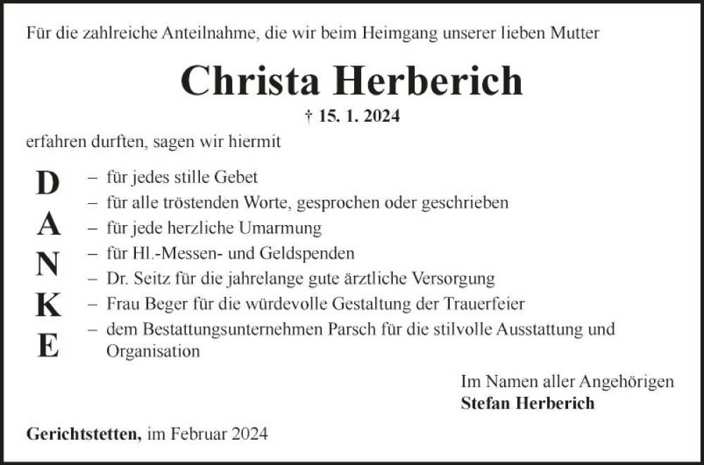  Traueranzeige für Christa Herberich vom 09.03.2024 aus Fränkische Nachrichten