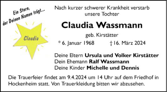 Traueranzeige von Claudia Wassmann von Mannheimer Morgen