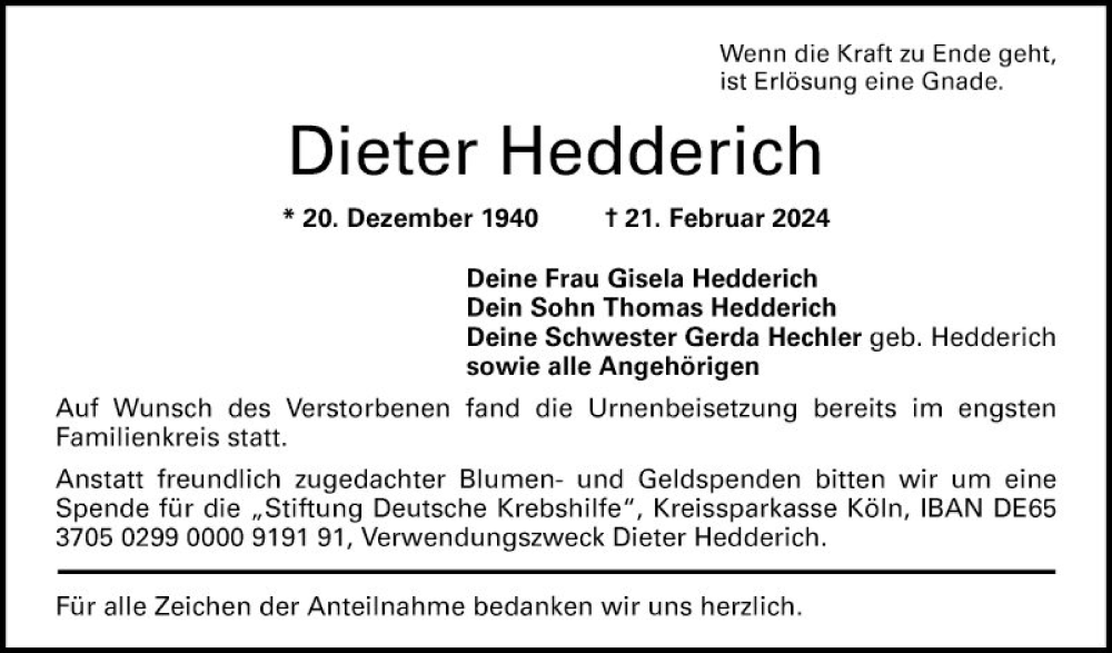  Traueranzeige für Dieter Hedderich vom 09.03.2024 aus Bergsträßer Anzeiger
