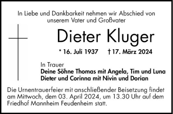 Traueranzeige von Dieter Kluger von Mannheimer Morgen