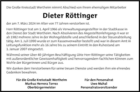 Traueranzeige von Dieter Röttinger von Fränkische Nachrichten