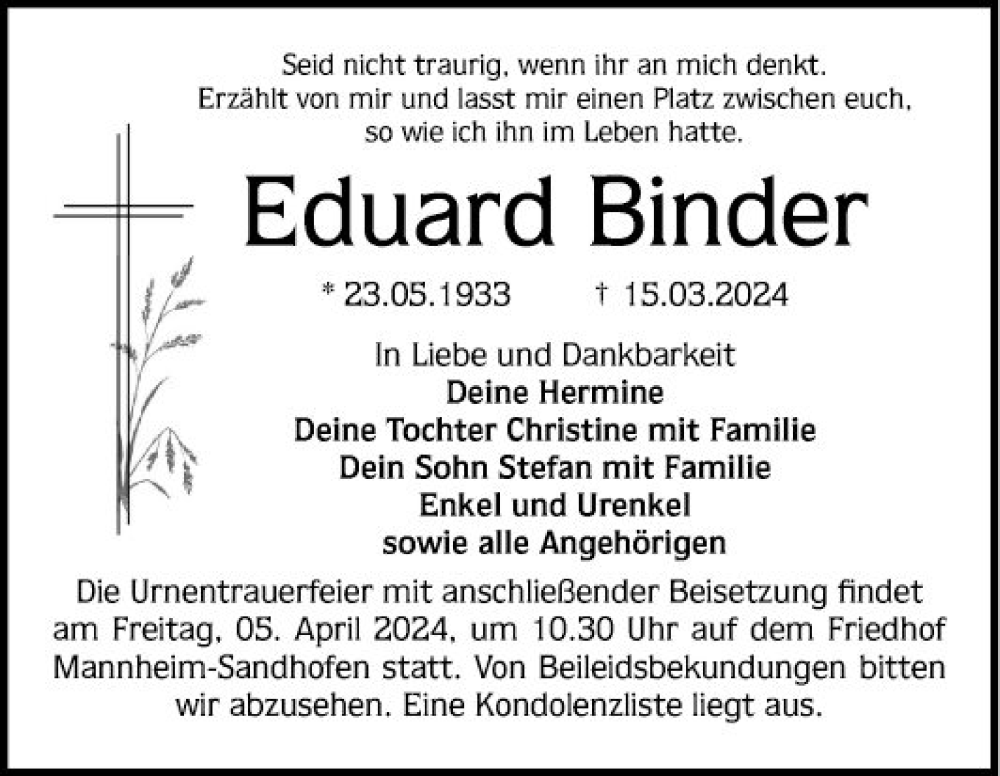  Traueranzeige für Eduard Binder vom 30.03.2024 aus Mannheimer Morgen