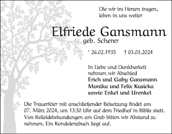 Traueranzeige von Elfriede Gansmann von Mannheimer Morgen