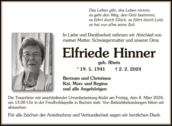 Traueranzeige von Elfriede Hinner von Fränkische Nachrichten