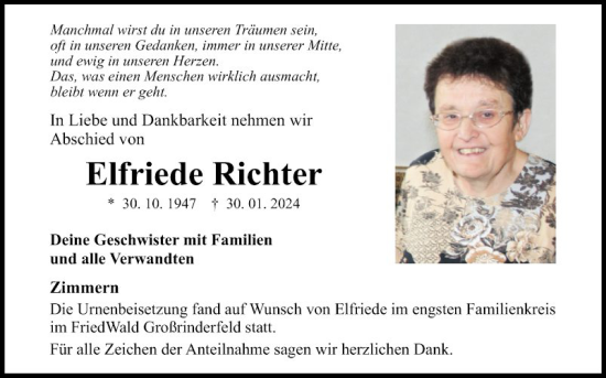 Traueranzeige von Elfriede Richter von Fränkische Nachrichten