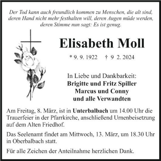 Traueranzeige von Elisabeth Moll von Fränkische Nachrichten