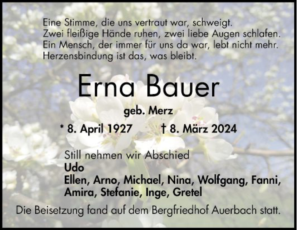  Traueranzeige für Erna Bauer vom 30.03.2024 aus Bergsträßer Anzeiger