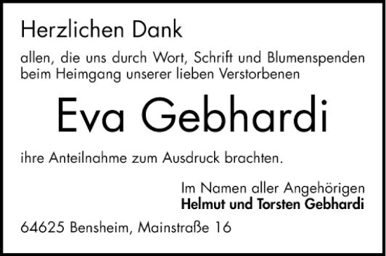 Traueranzeige von Eva Gebhardi von Bergsträßer Anzeiger