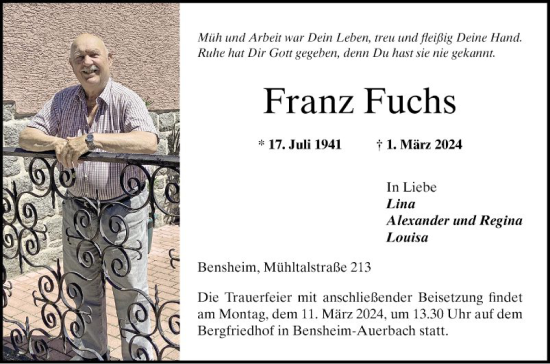 Traueranzeige von Franz Fuchs von Bergsträßer Anzeiger
