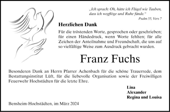 Traueranzeige von Franz Fuchs von Bergsträßer Anzeiger