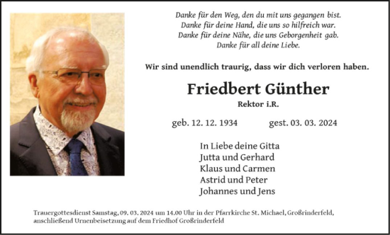 Traueranzeige von Friedbert Günther von Fränkische Nachrichten