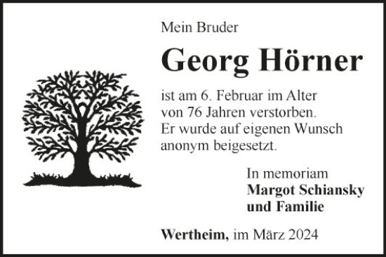 Traueranzeige von Georg Hörner von Fränkische Nachrichten