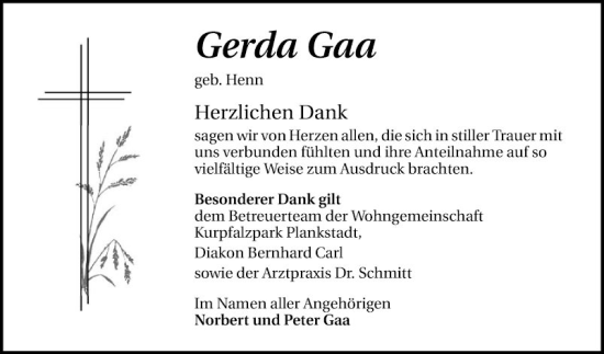 Traueranzeige von Gerda Gaa von Schwetzinger Zeitung
