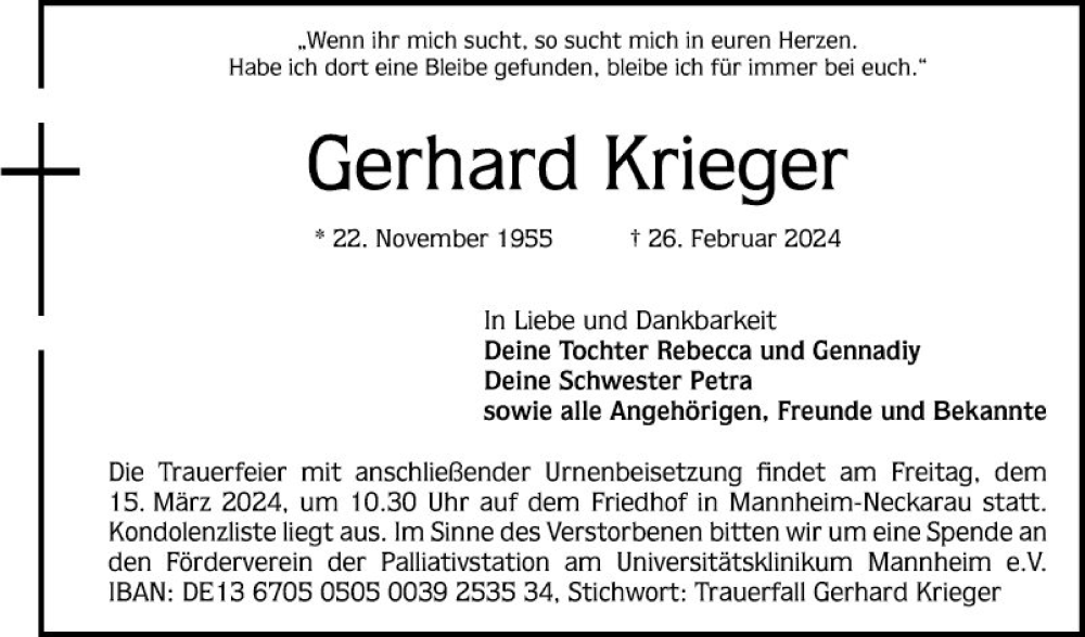  Traueranzeige für Gerhard Krieger vom 09.03.2024 aus Mannheimer Morgen
