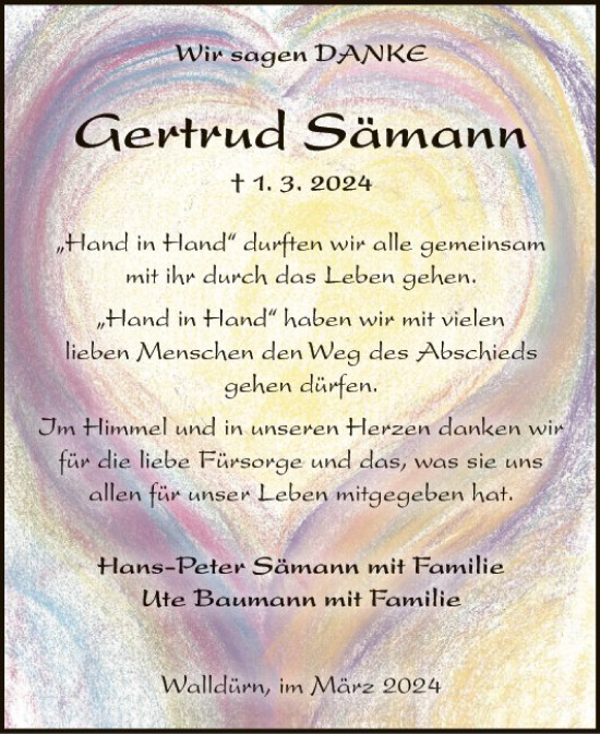 Traueranzeige von Gertrud Sämann von Fränkische Nachrichten