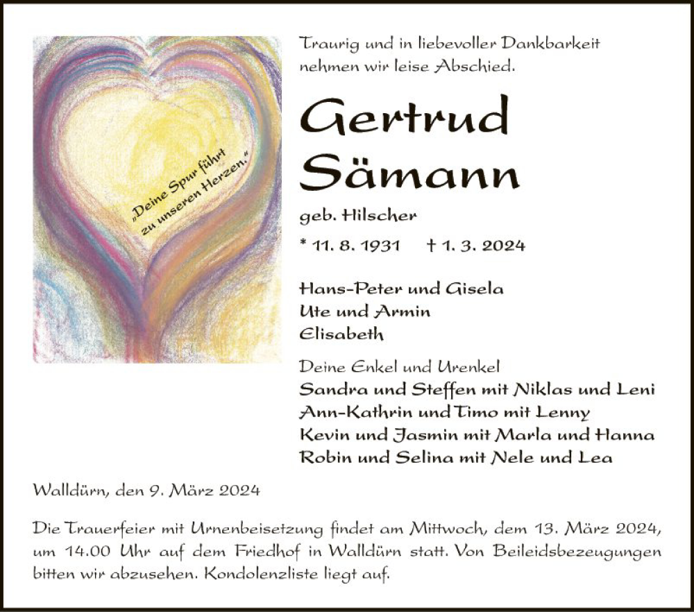  Traueranzeige für Gertrud Sämann vom 09.03.2024 aus Fränkische Nachrichten