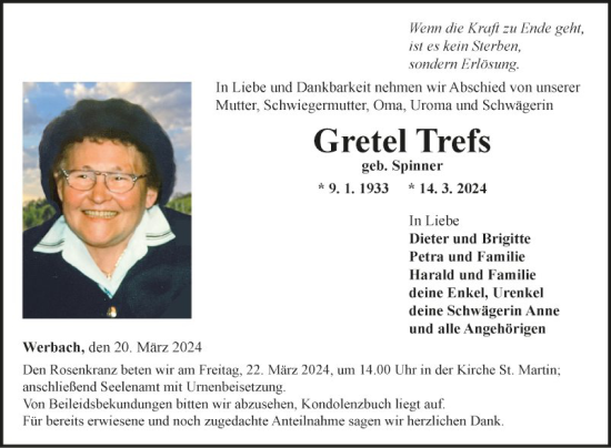 Traueranzeige von Gretel Trefs von Fränkische Nachrichten