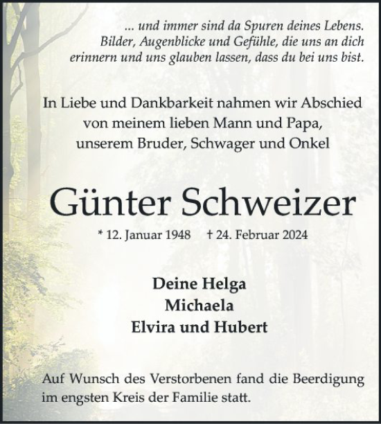 Traueranzeige von Günter Schweizer von Mannheimer Morgen