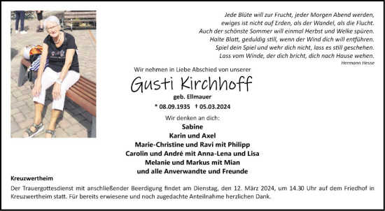 Traueranzeige von Gusti Kirchhoff von Fränkische Nachrichten