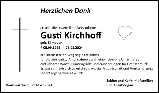 Traueranzeige von Gusti Kirchhoff von Fränkische Nachrichten