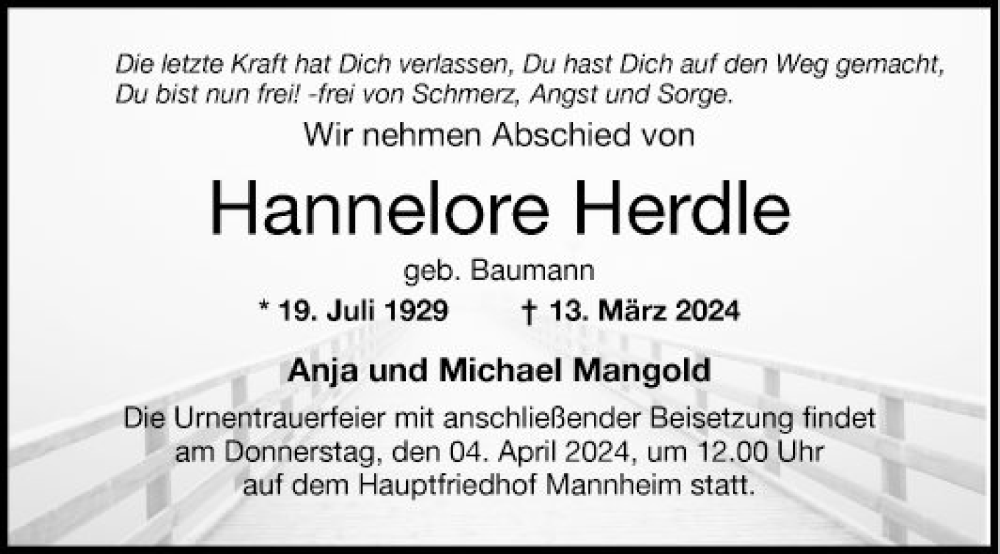  Traueranzeige für Hannelore Herdle vom 23.03.2024 aus Mannheimer Morgen