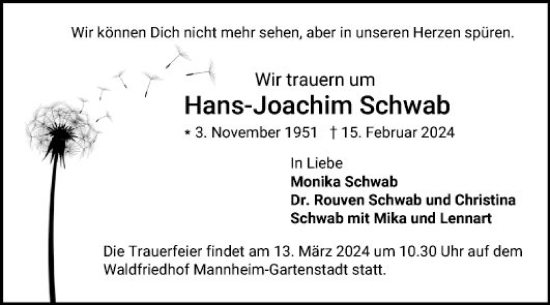 Traueranzeige von Hans-Joachim Schwab von Mannheimer Morgen