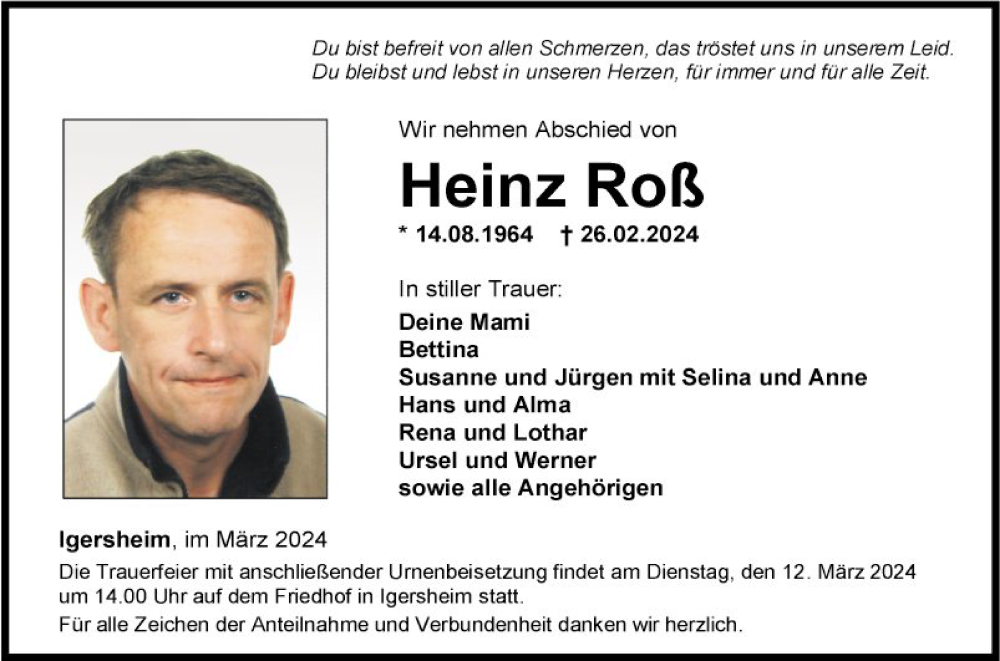  Traueranzeige für Heinz Roß vom 08.03.2024 aus Fränkische Nachrichten