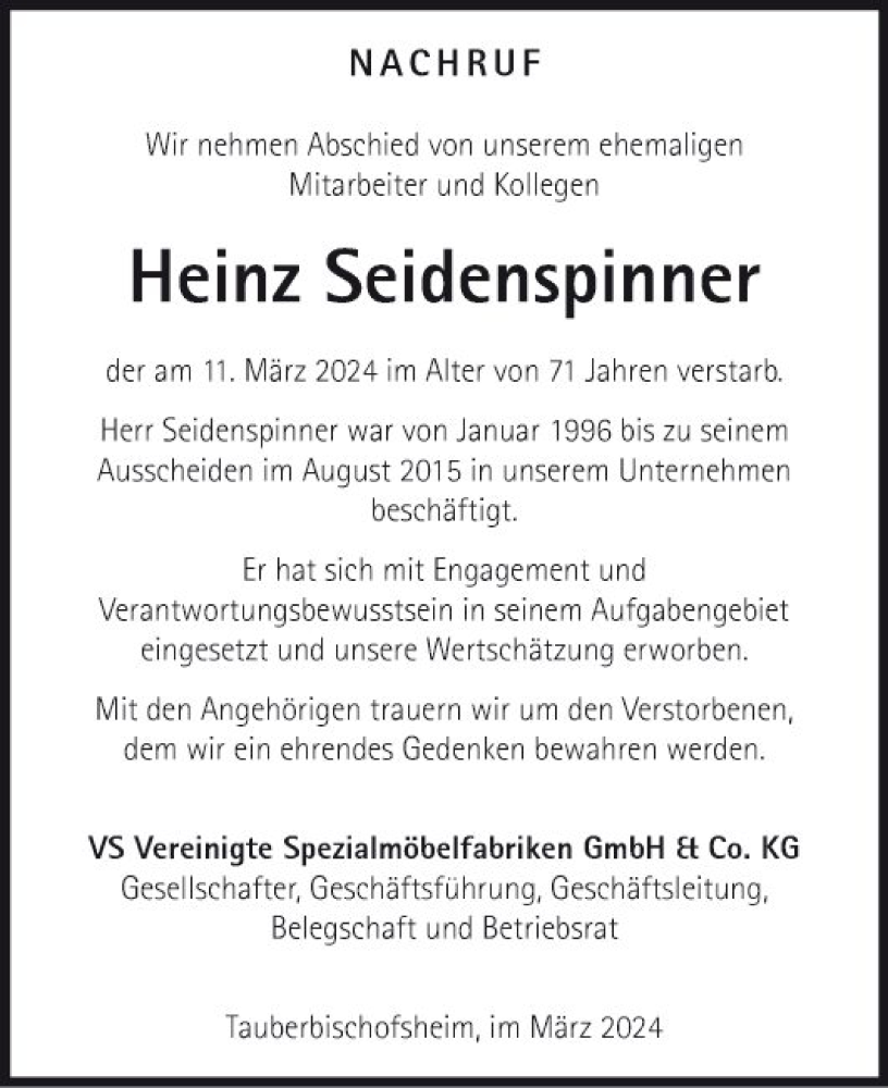  Traueranzeige für Heinz Seidenspinner vom 16.03.2024 aus Fränkische Nachrichten