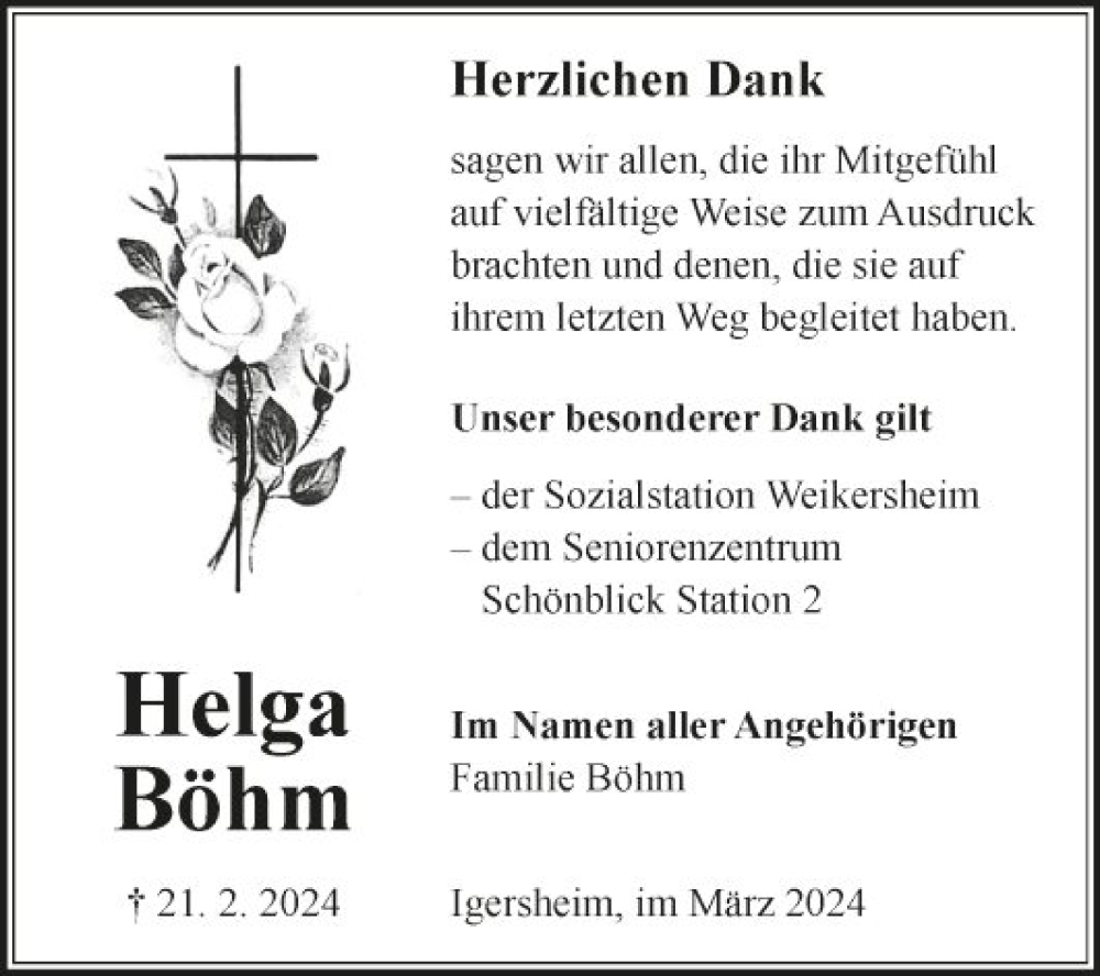  Traueranzeige für Helga Böhm vom 09.03.2024 aus Fränkische Nachrichten