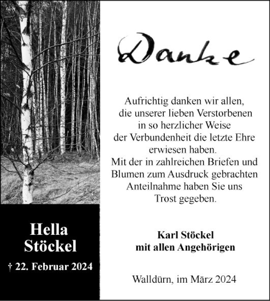  Traueranzeige für Hella Stöckel vom 23.03.2024 aus Fränkische Nachrichten
