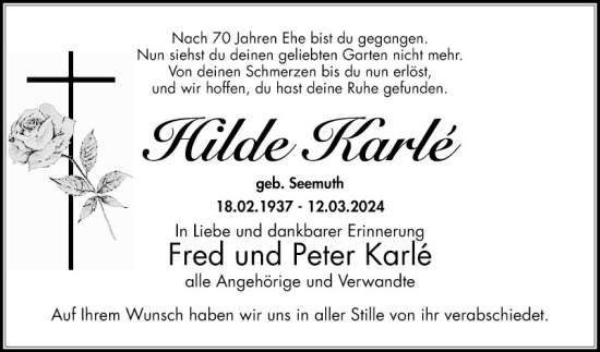 Traueranzeige von Hilde Karlé von Schwetzinger Zeitung