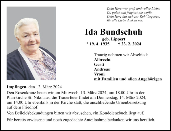 Traueranzeige von Ida Bundschuh von Fränkische Nachrichten