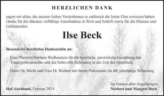 Traueranzeige von Ilse Beck von Fränkische Nachrichten