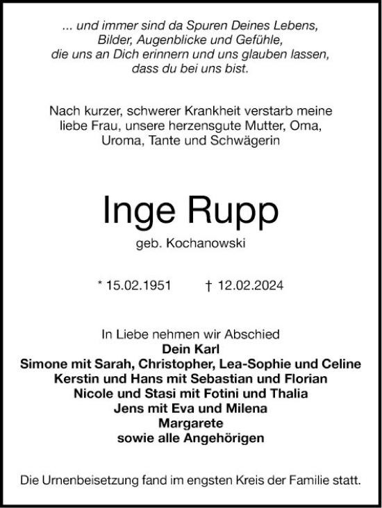 Traueranzeige von Inge Rupp von Schwetzinger Zeitung