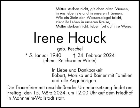 Traueranzeige von Irene Hauck von Mannheimer Morgen