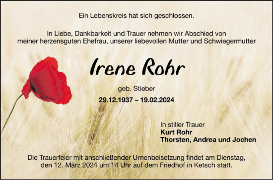 Traueranzeige von Irene Rohr von Schwetzinger Zeitung