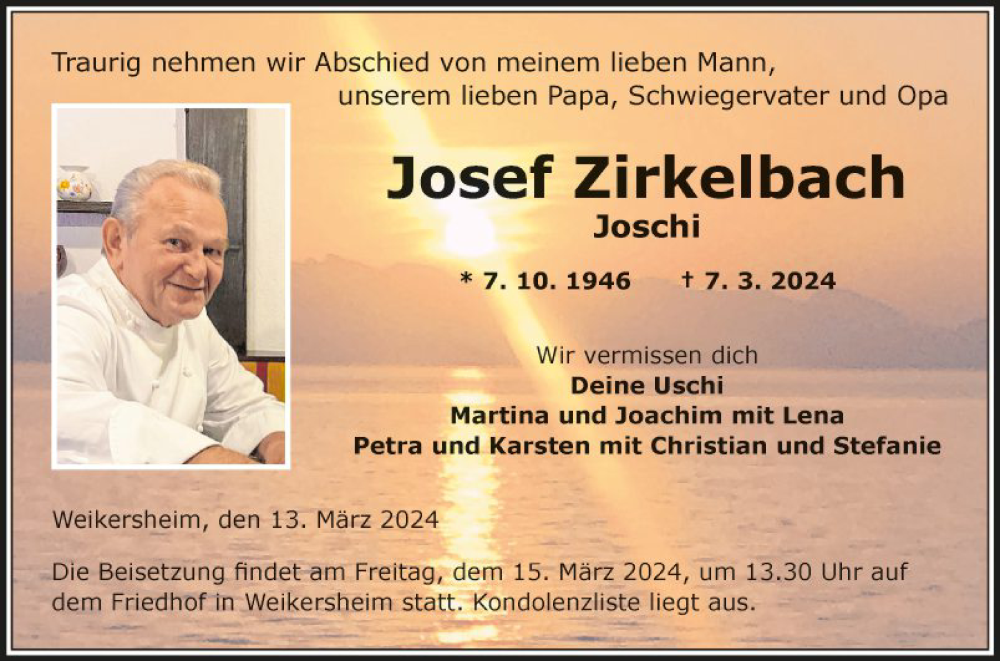  Traueranzeige für Josef Zirkelbach vom 13.03.2024 aus Fränkische Nachrichten