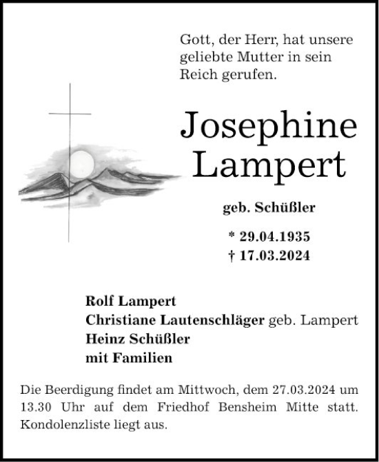 Traueranzeige von Josephine Lampert von Bergsträßer Anzeiger