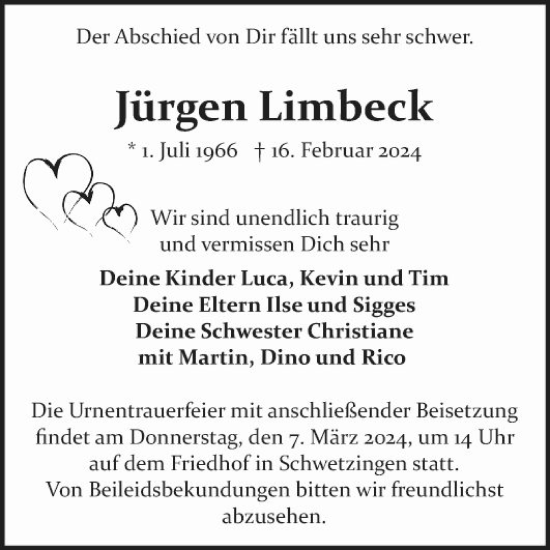 Traueranzeige von Jürgen Limbeck von Schwetzinger Zeitung