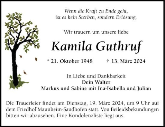 Traueranzeige von Kamila Guthruf von Mannheimer Morgen